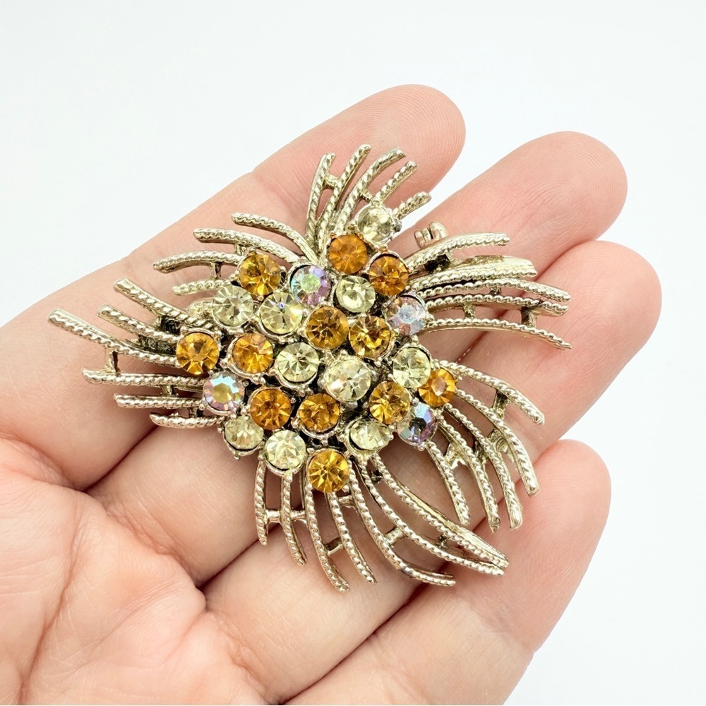 Mid-Century CORO Amber Yellow Tone Aurora Rhinestones Abstract Starburst Brooch